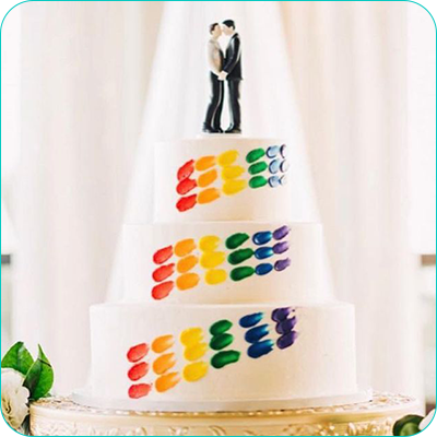 Three tier wedding cake with rainbow accents and same-sex couple topper